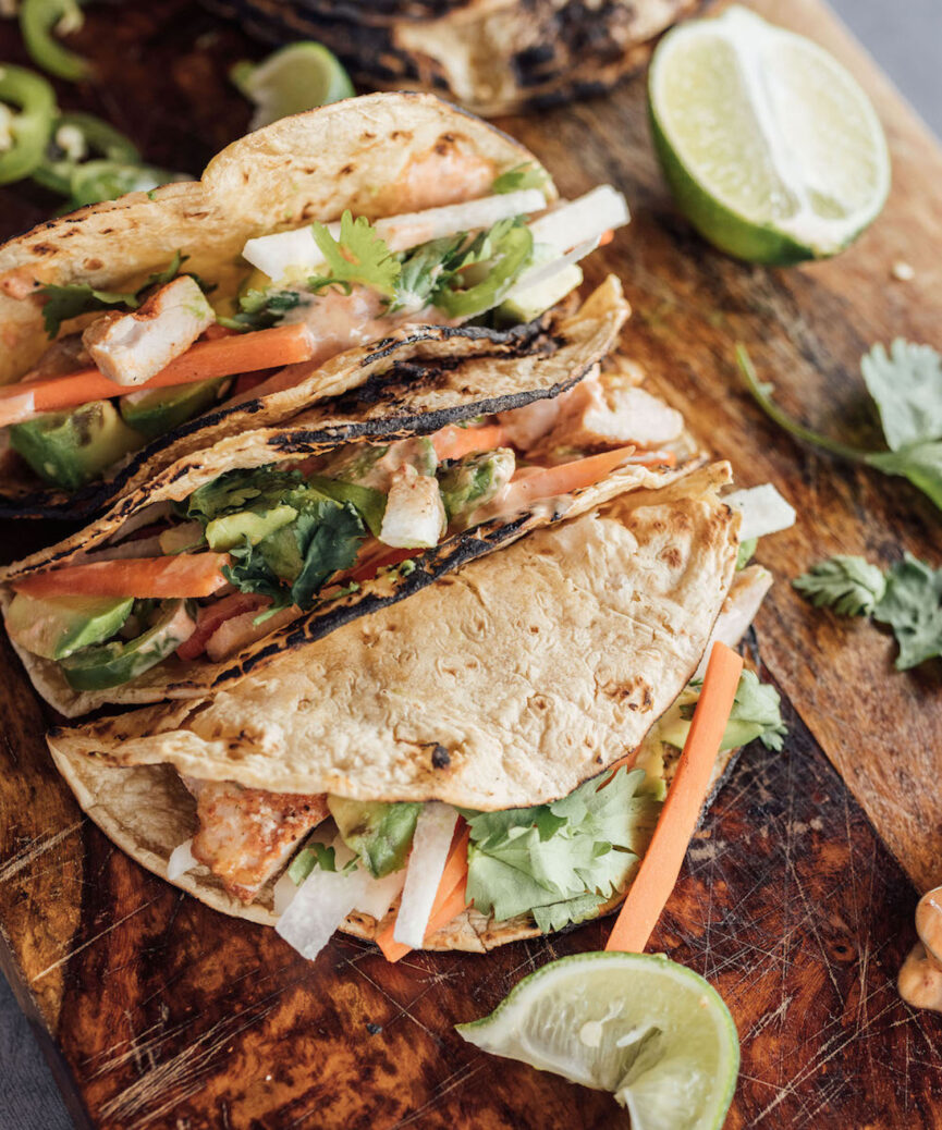 Lime-y Chicken Tacos with Jicama, Avocado, & Mint