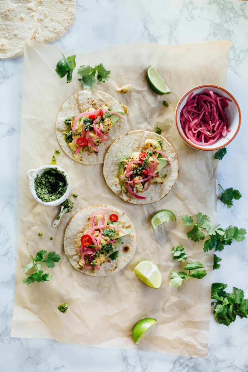 Roasted Cauliflower Tacos with Cilantro Pesto