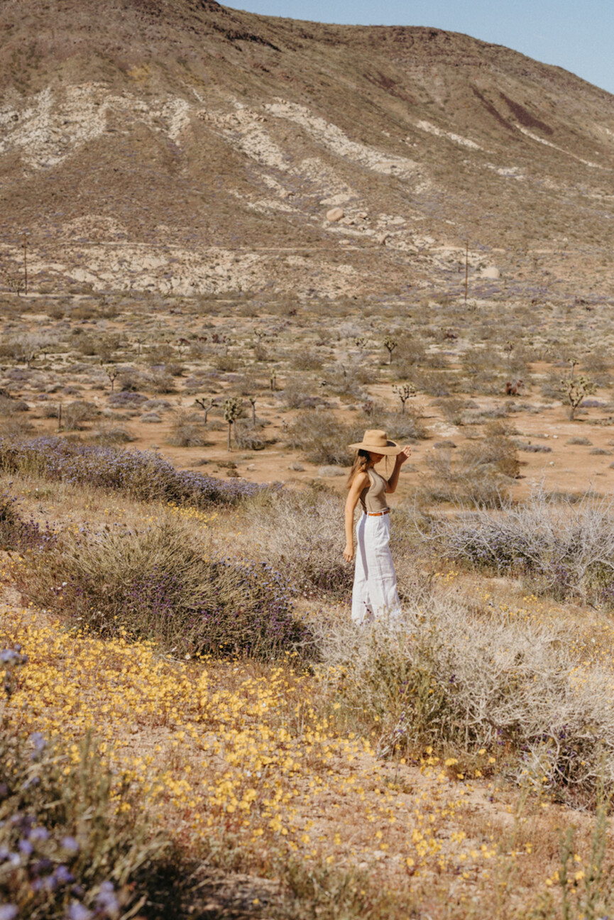 Woman standing in field with butter yellow flowers.