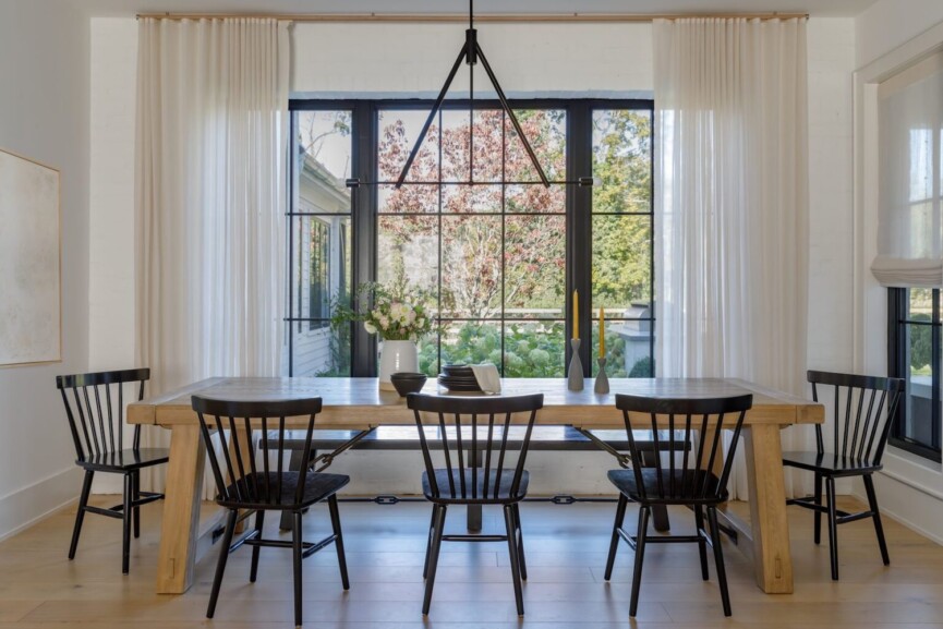 Becky Shea Jake Shea dining room with white curtains.