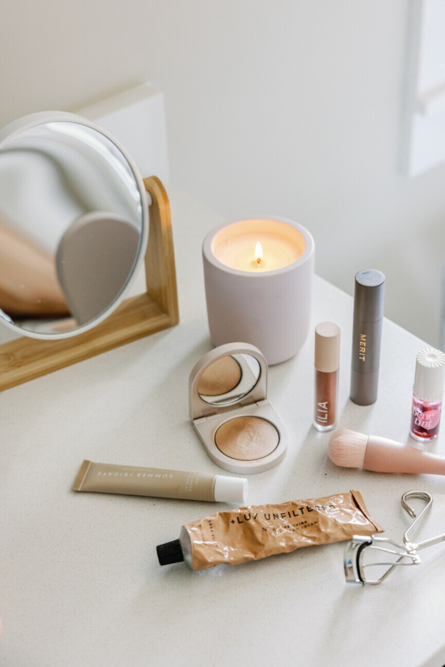 Beauty products on counter.