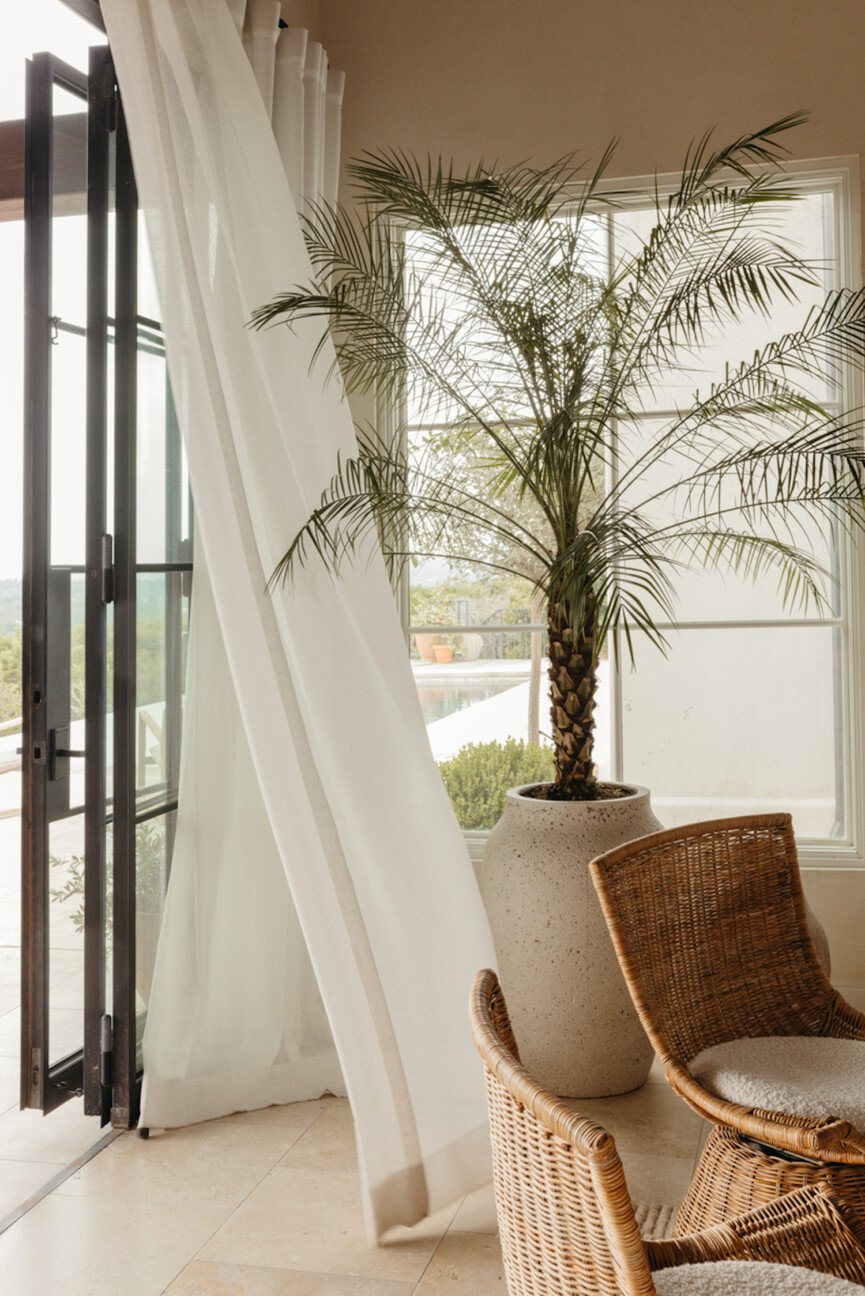 Camille Styles home tour white curtains.