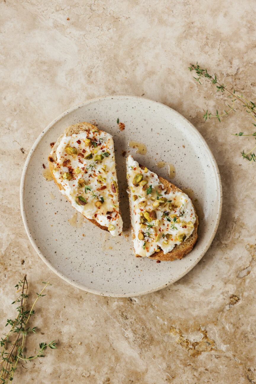 Ricotta toast with pistachios.