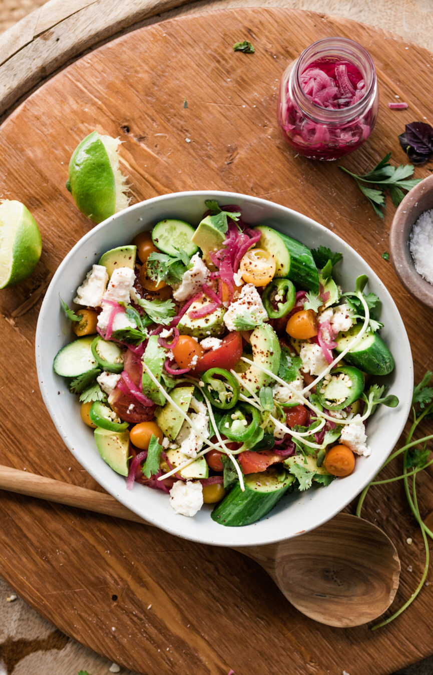 tomato, avocado, cucumber salad