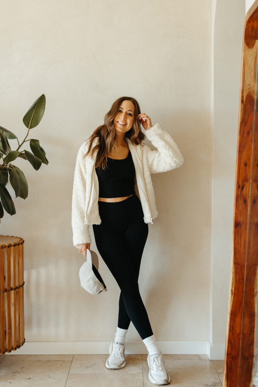 Woman wearing cozy activewear.