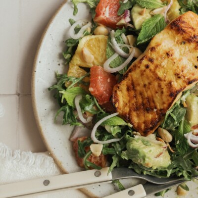 citrus salmon salad with avocado, yellow shirt