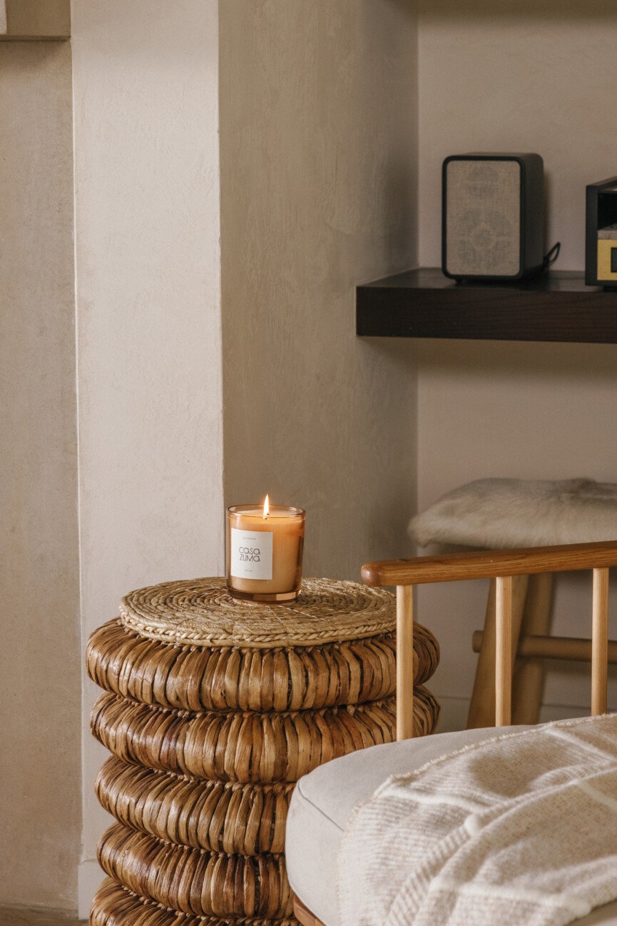Camille Styles Austin Home Living Room Design - woven side table