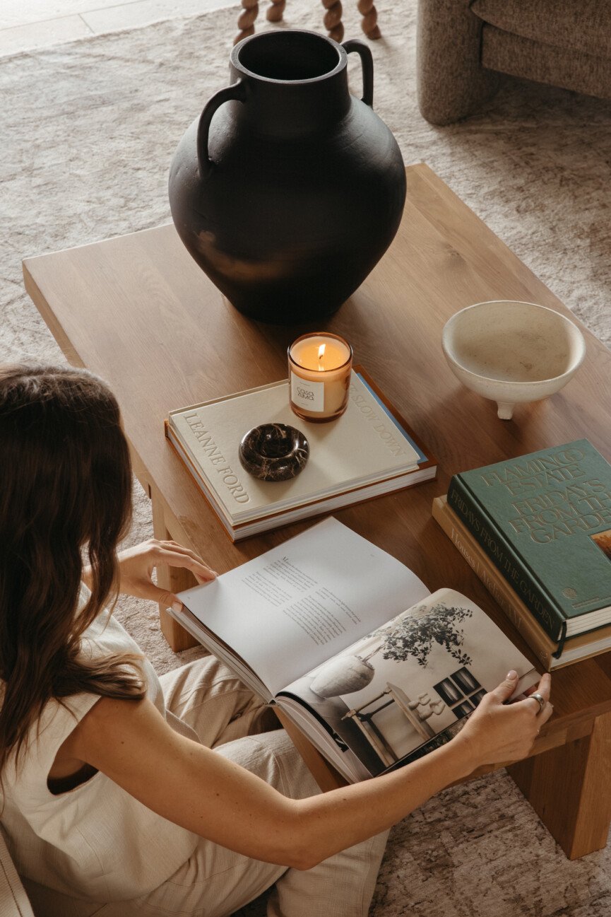 Camille Styles Austin Home Living Room - coffee table styling, reading