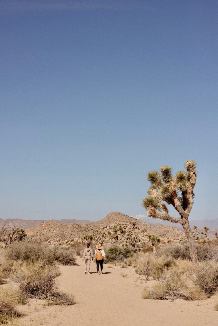 Two women walking for mental health in Joshua Tree, California.