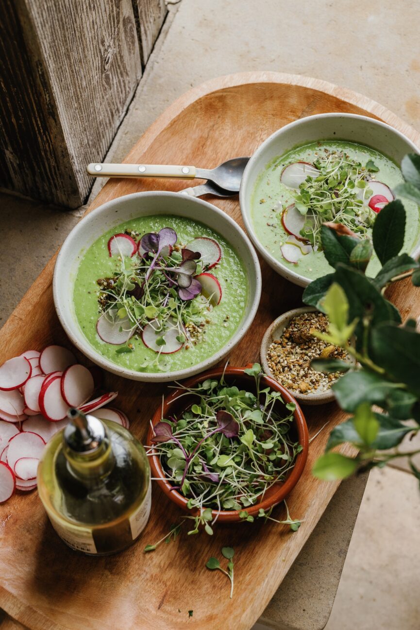pea gazpacho in bowls Camilla Marcus brunch