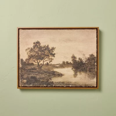 12"x16" Horizontal Landscape Lake Burlap Framed Wall Art