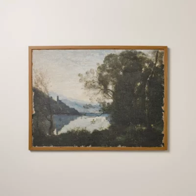 24"x32" Horizontal Landscape Lake Burlap Framed Wall Art
