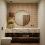 japandi beach house powder bath design natural zellige tile