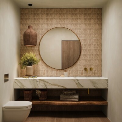 japandi beach house powder bath design natural zellige tile