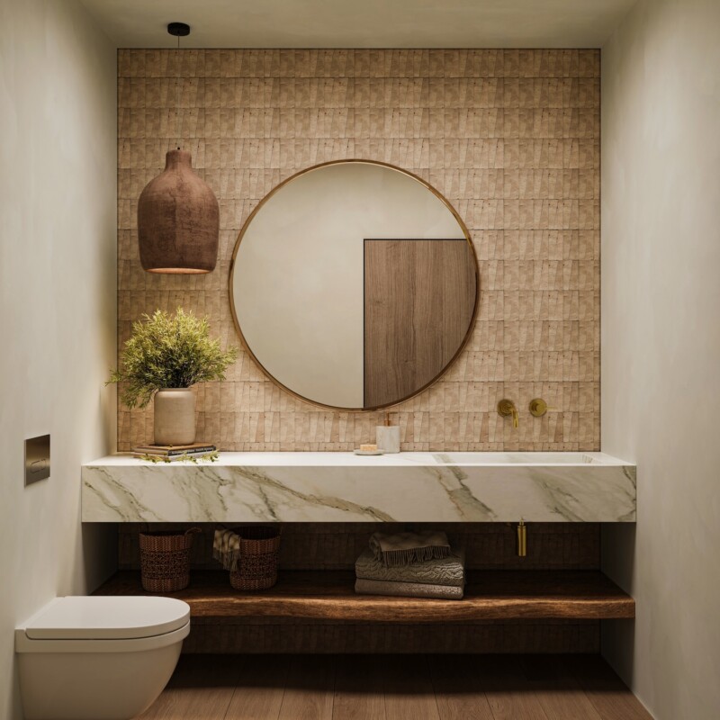 japandi beach house powder bath design natural zellige tile