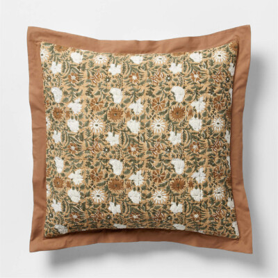 Celeste Organic Cotton Taupe Desert Floral Block Print Quilted Euro Bed Pillow Sham, Crate and Barrel