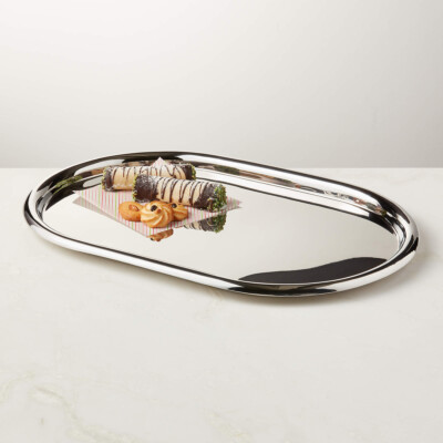 Piero Oval Polished Stainless Steel Serving Tray, CB2