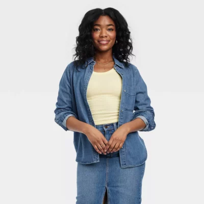 Women's Long Sleeve Relaxed Denim Button-Down Shirt