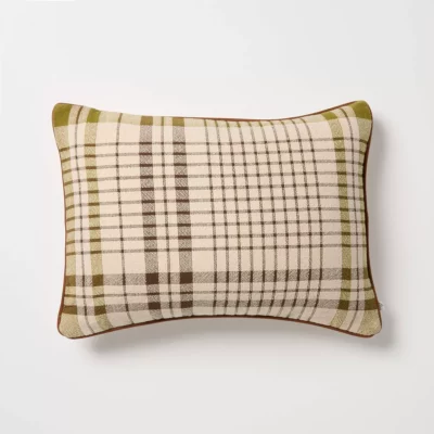 14"x20" Plaid Lumbar Toss Pillow Green