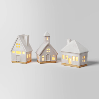 3pc Lit Ceramic Buildings Decorative Christmas Figurine Set