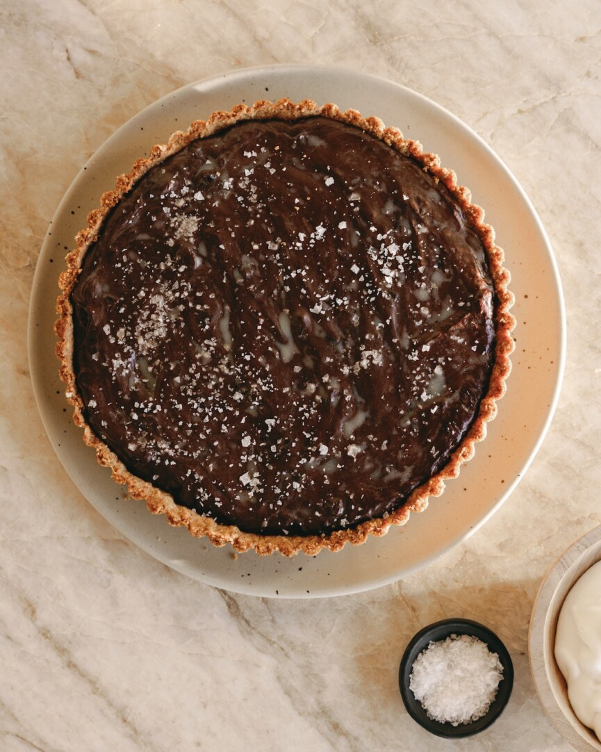 salted chocolate date tart with walnut crust - valentine's dessert