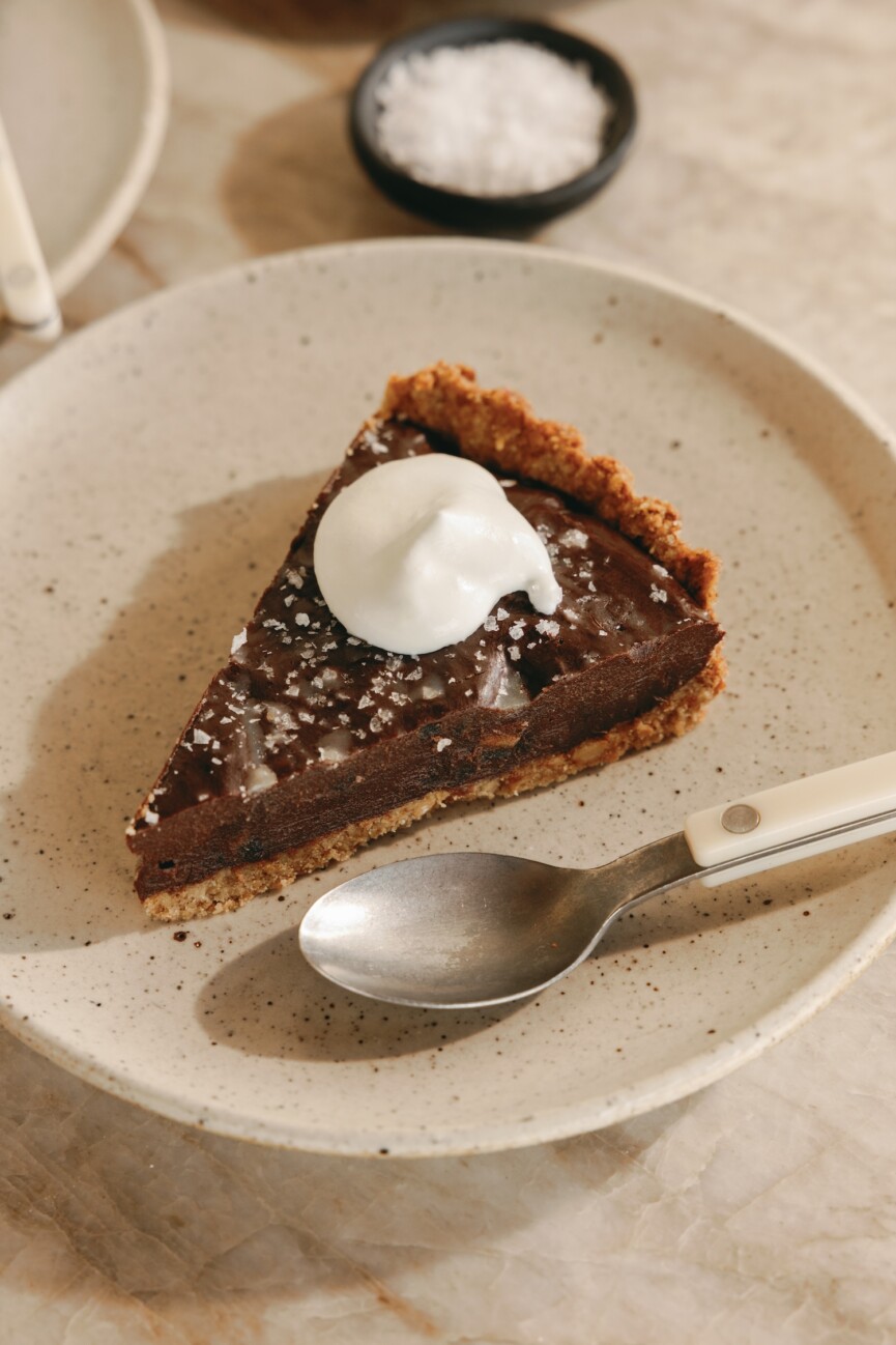 salted chocolate date tart with walnut crust - valentine's dessert