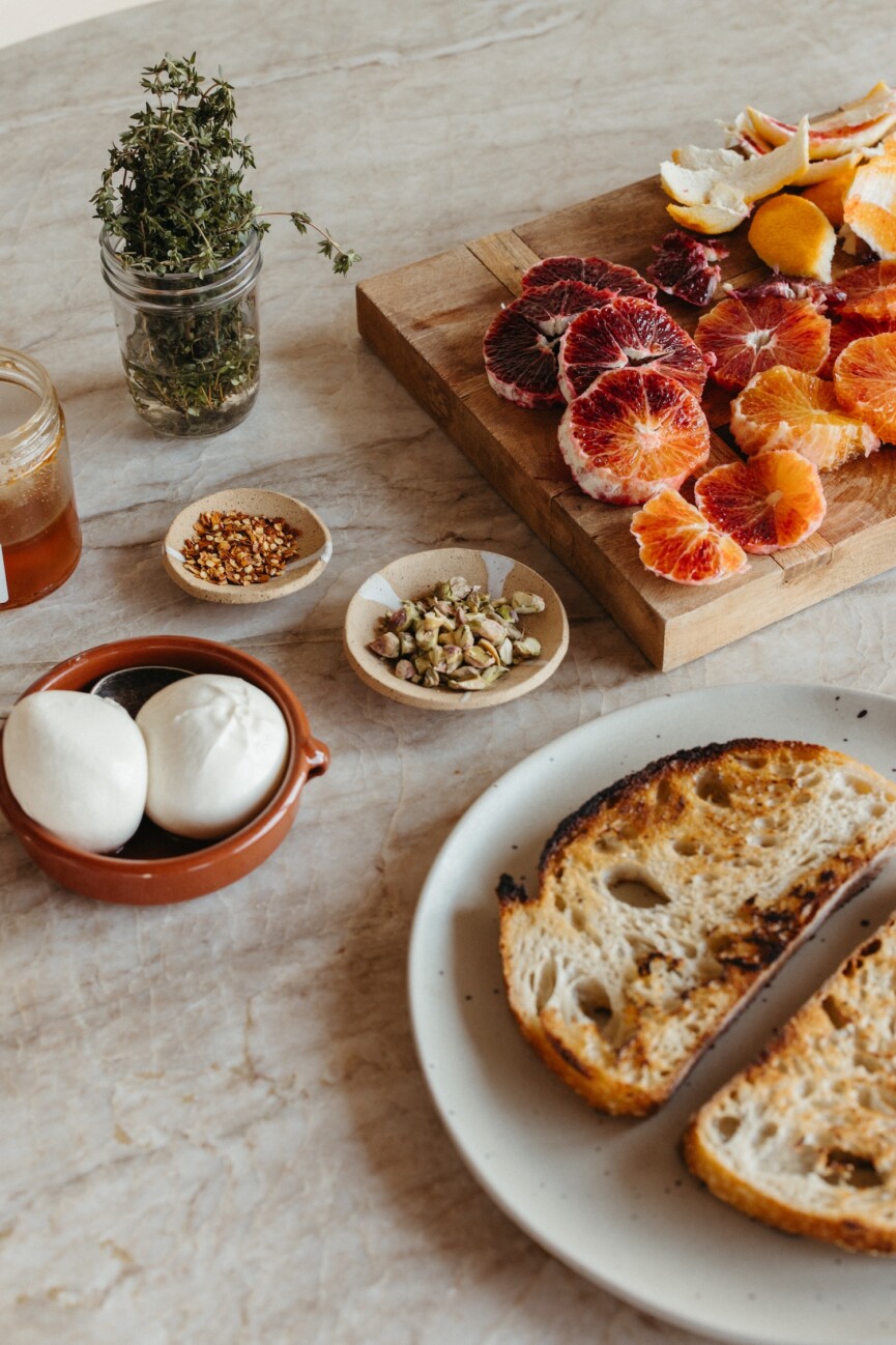 Burrata Toast with Blood Oranges and Pistachios