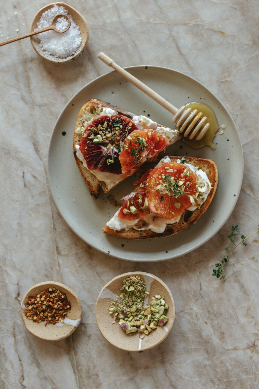 Burrata Toast with Blood Oranges and Pistachios