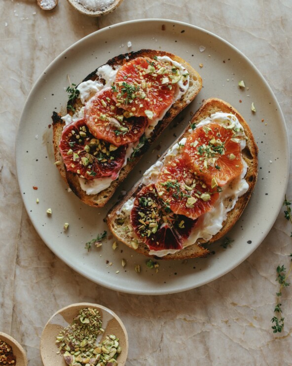 Burrata Toast with Blood Oranges and Pistachios