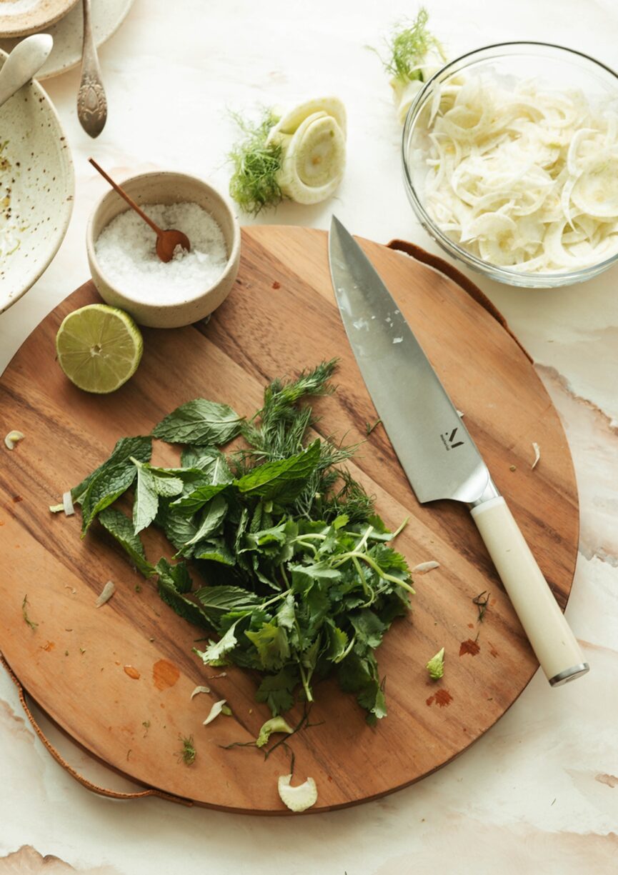 Freshly chopped herbs to grow at home.