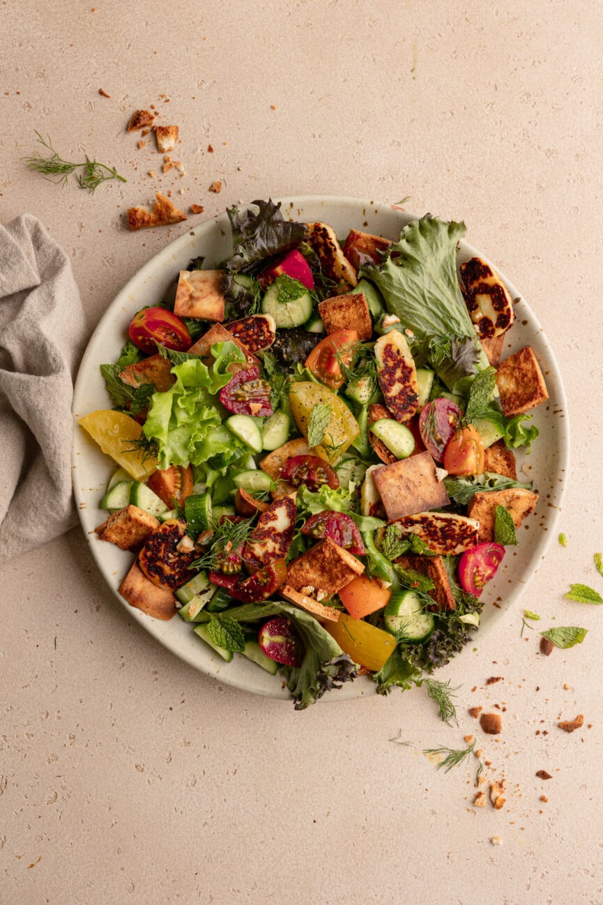 herby heirloom tomato fattoush salad