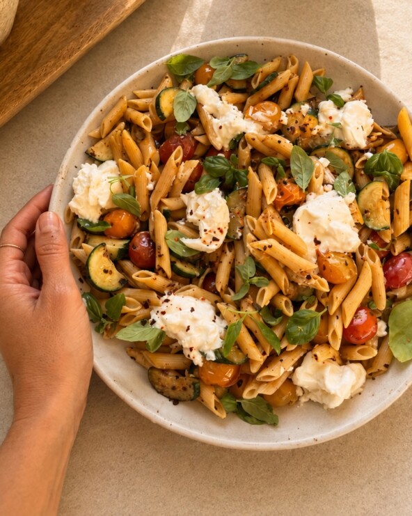 tomato, zucchini, burrata protein pasta
