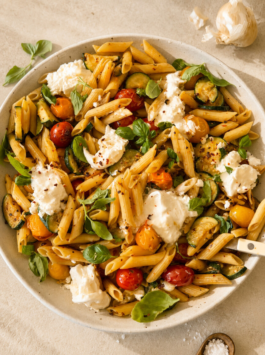 tomato, zucchini, burrata protein pasta